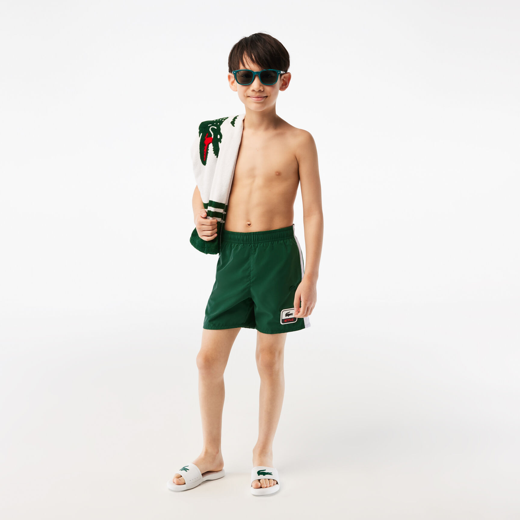 Boy’s Lacoste x Netflix Contrast Badge Swim Trunks