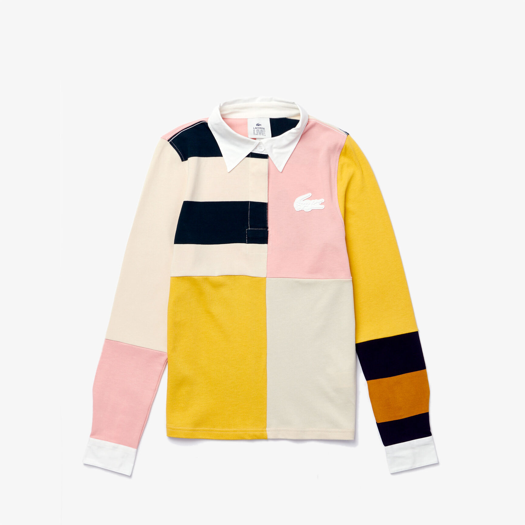 قميص بولو قطني للنساء تصميم الرجبي بكتل لونية مجموعة Lacoste LIVE قميص بولو قطني للنساء تصميم الرجبي بكتل لونية مجموعة Lacoste LIVE