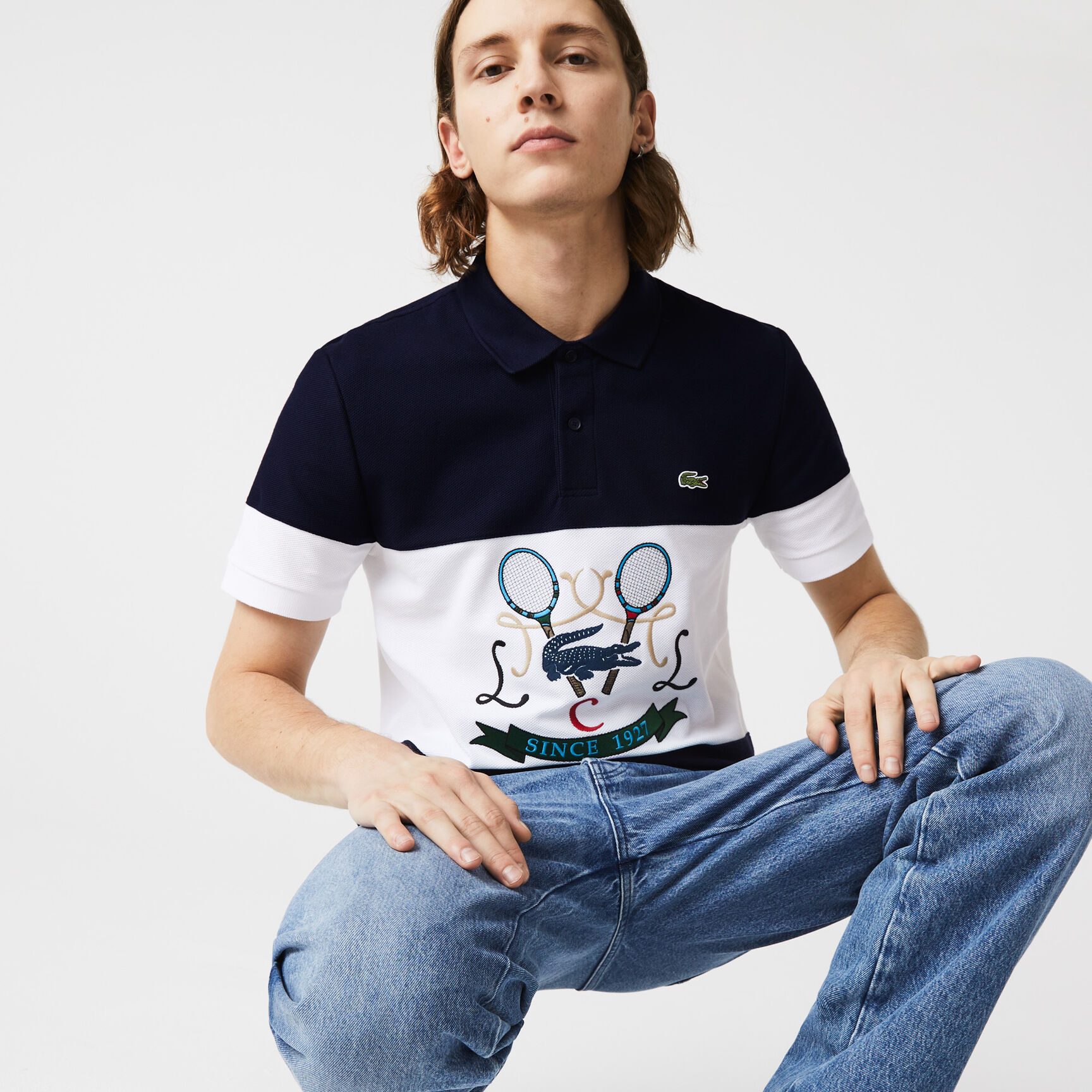 تيشيرت بولو لاكوست قطن بقصة عادية وتطريز مضارب تنس للرجال