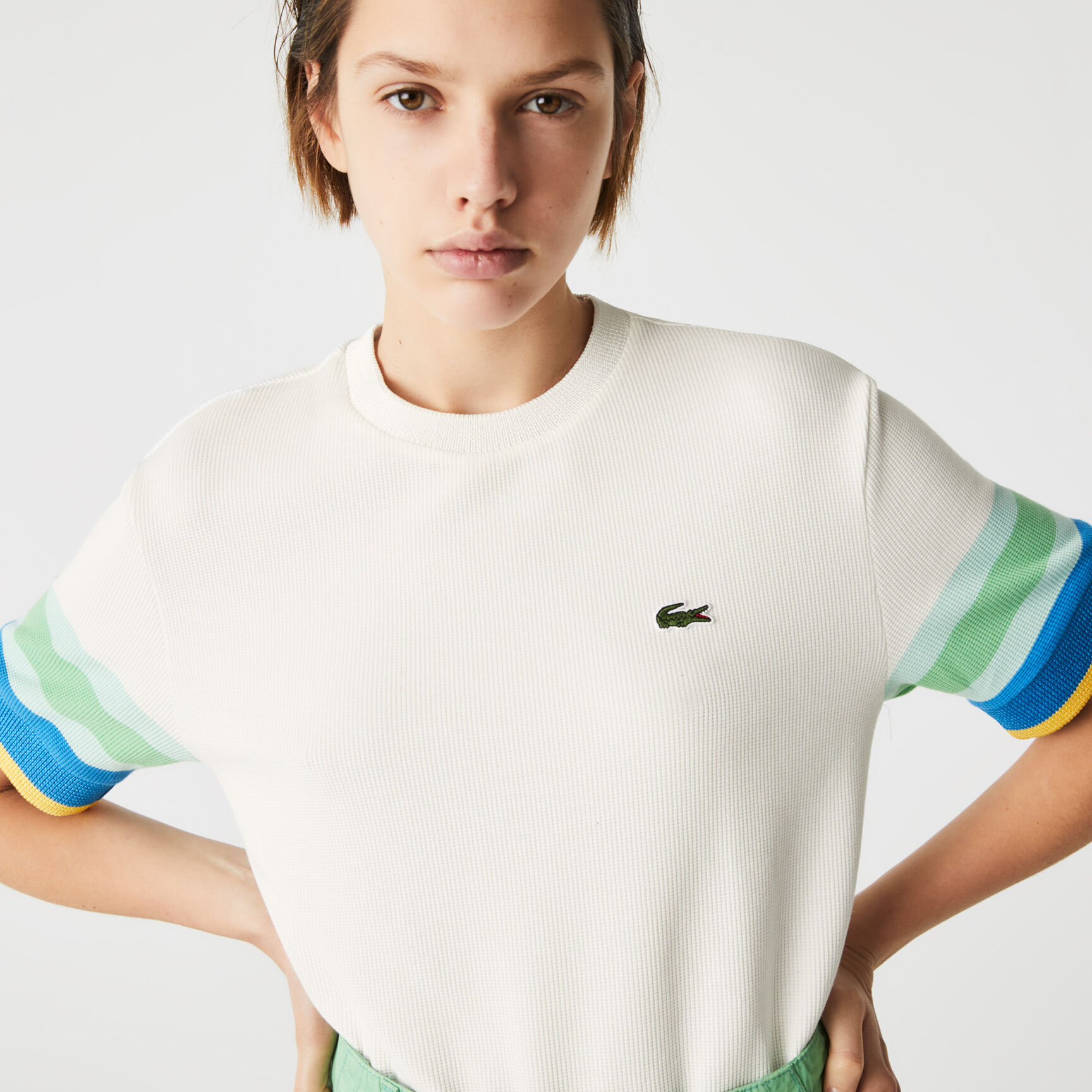 Women’s Crew Neck Striped Accents Honeycomb Cotton T-shirt Women’s Crew Neck Striped Accents Honeycomb Cotton T-shirt