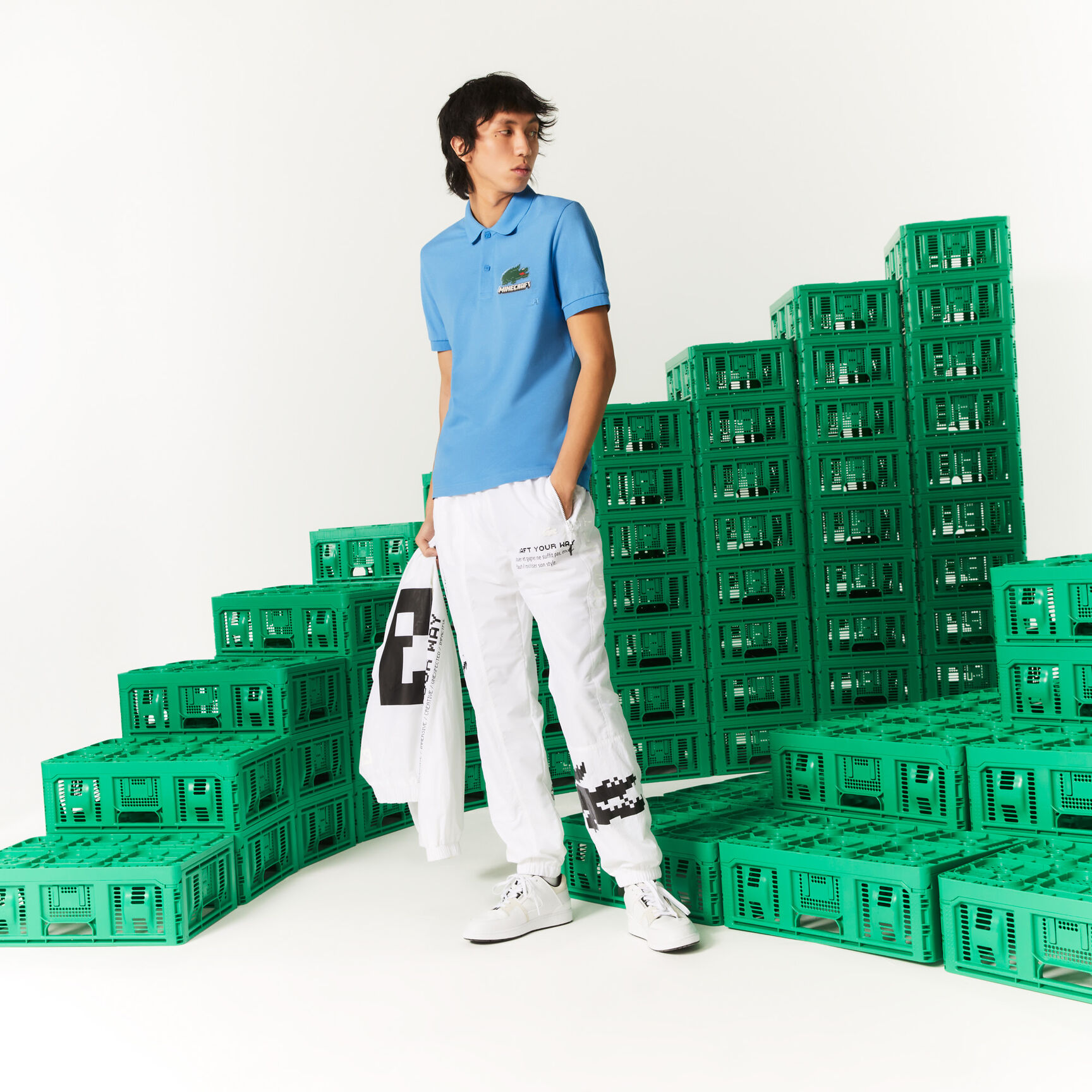 تيشيرت بولو قطن عضوي بقصة كلاسيكية للجنسين مجموعة Lacoste x Minecraft