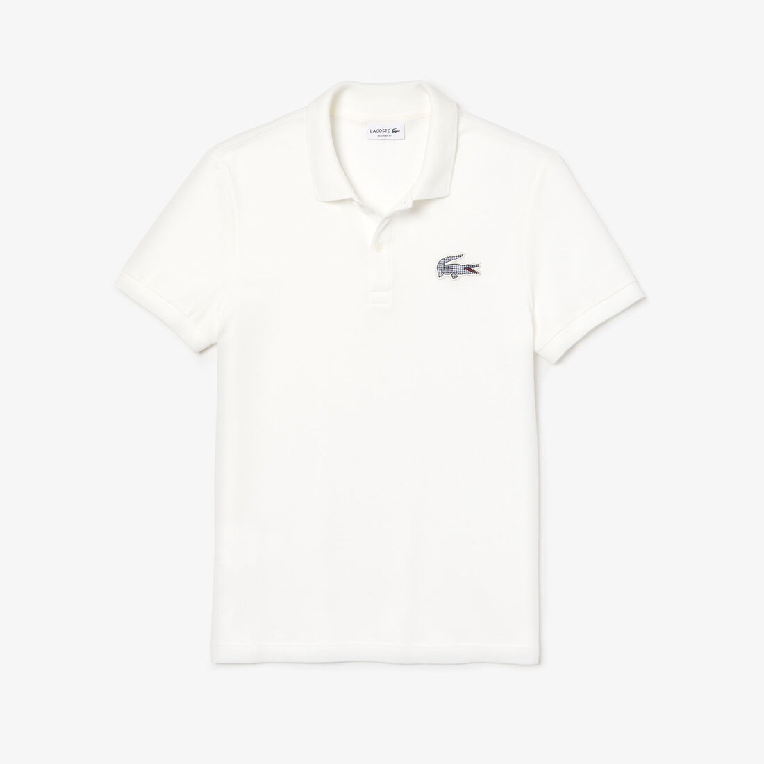 قميص بولو للرجال من البيكيه ذو قصة عادية، مزدان بشارة التمساح المزركشة بنقوش المربعات من Lacoste