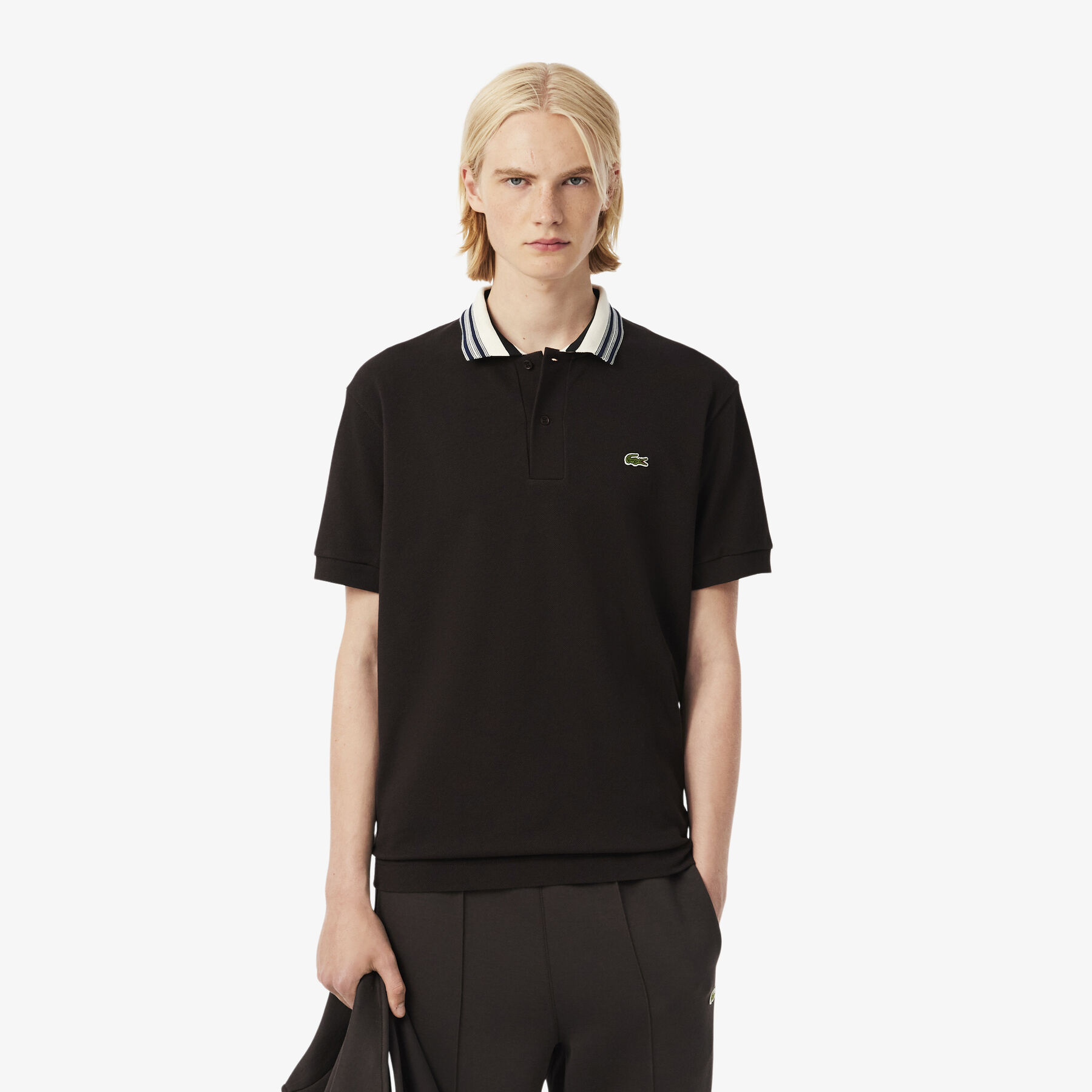 lacoste french made classic fit stripe collar polo shirt