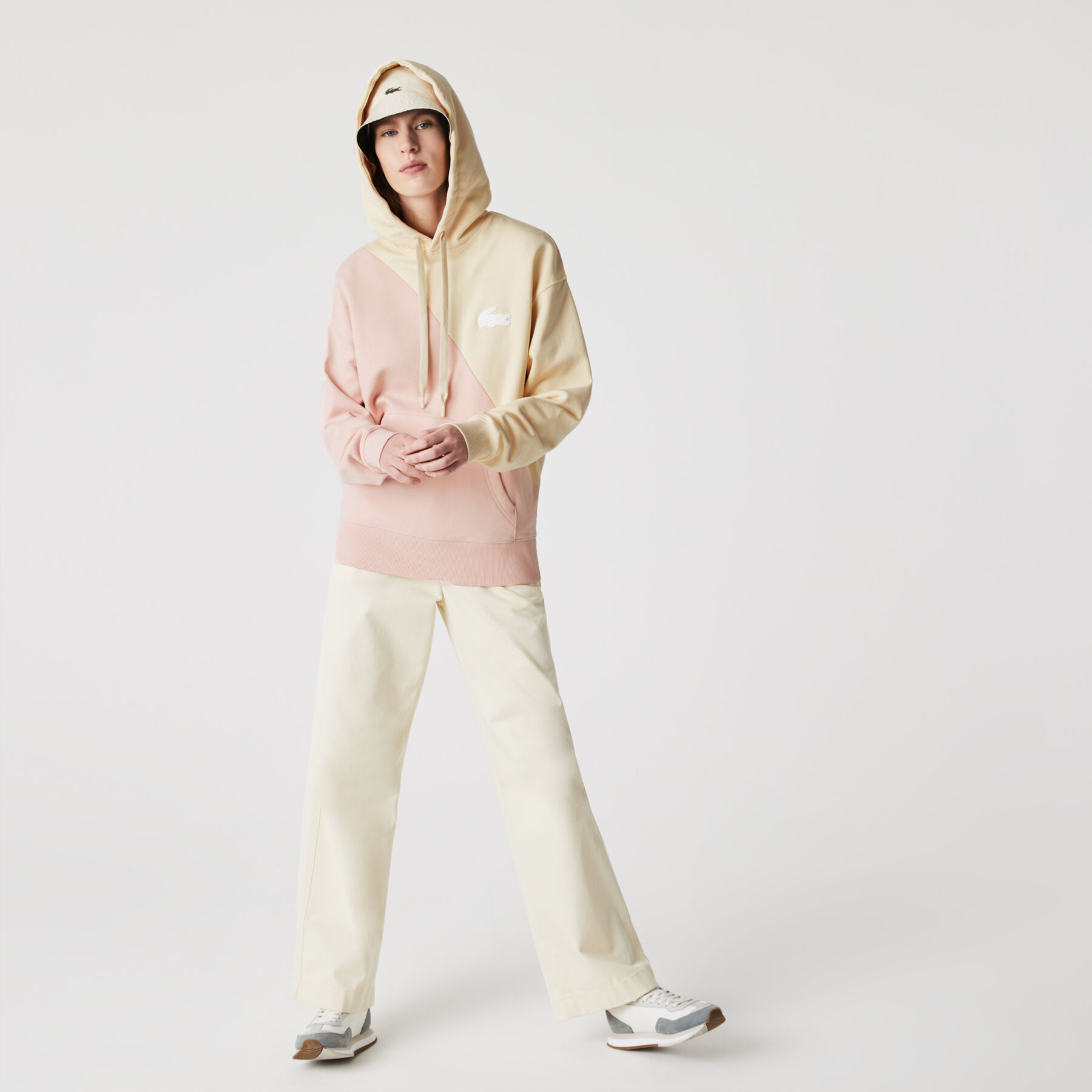unisex lacoste live loose fit hooded bicolour fleece sweatshirt