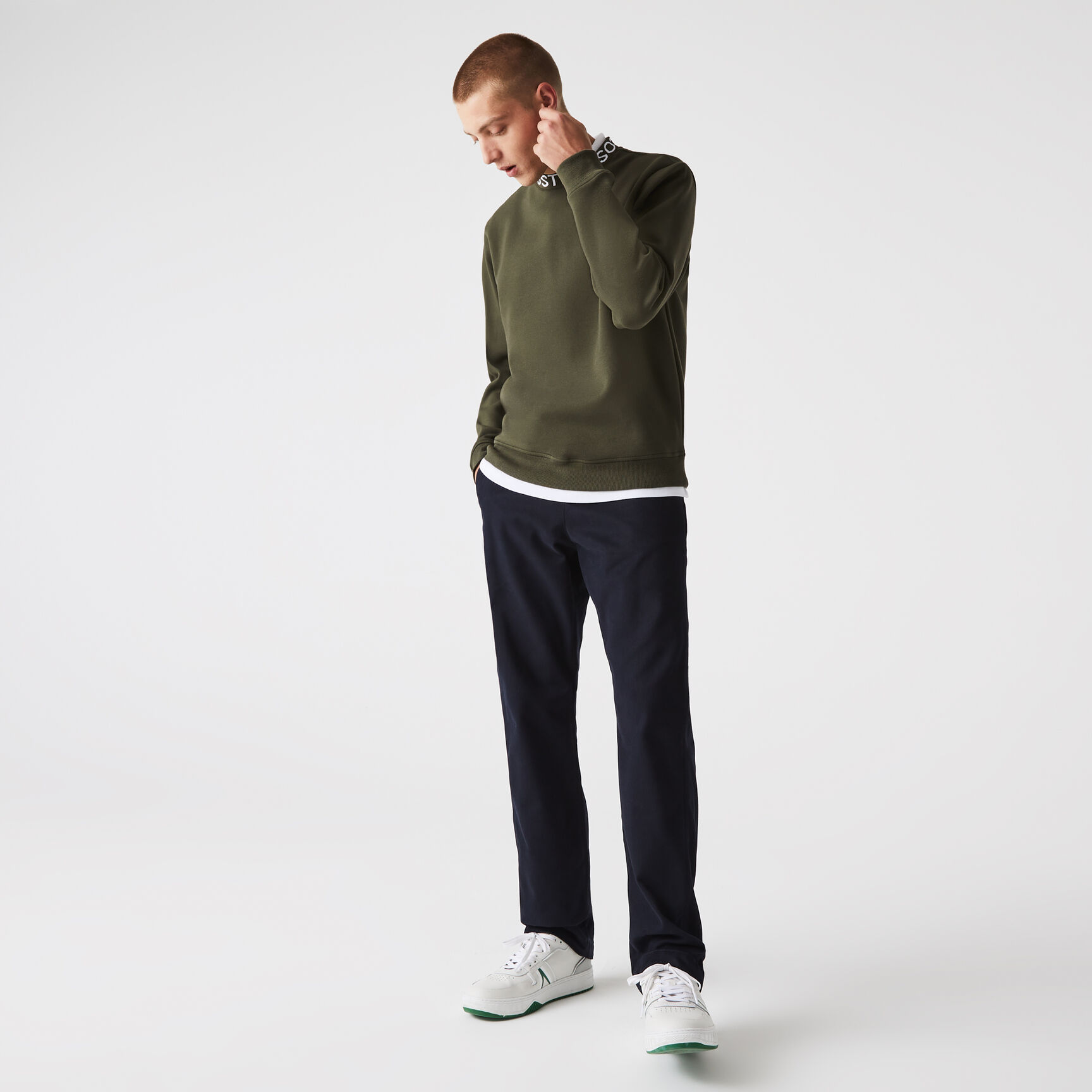 Men’s Lacoste Lettered Crew Neck Cotton Blend Sweatshirt