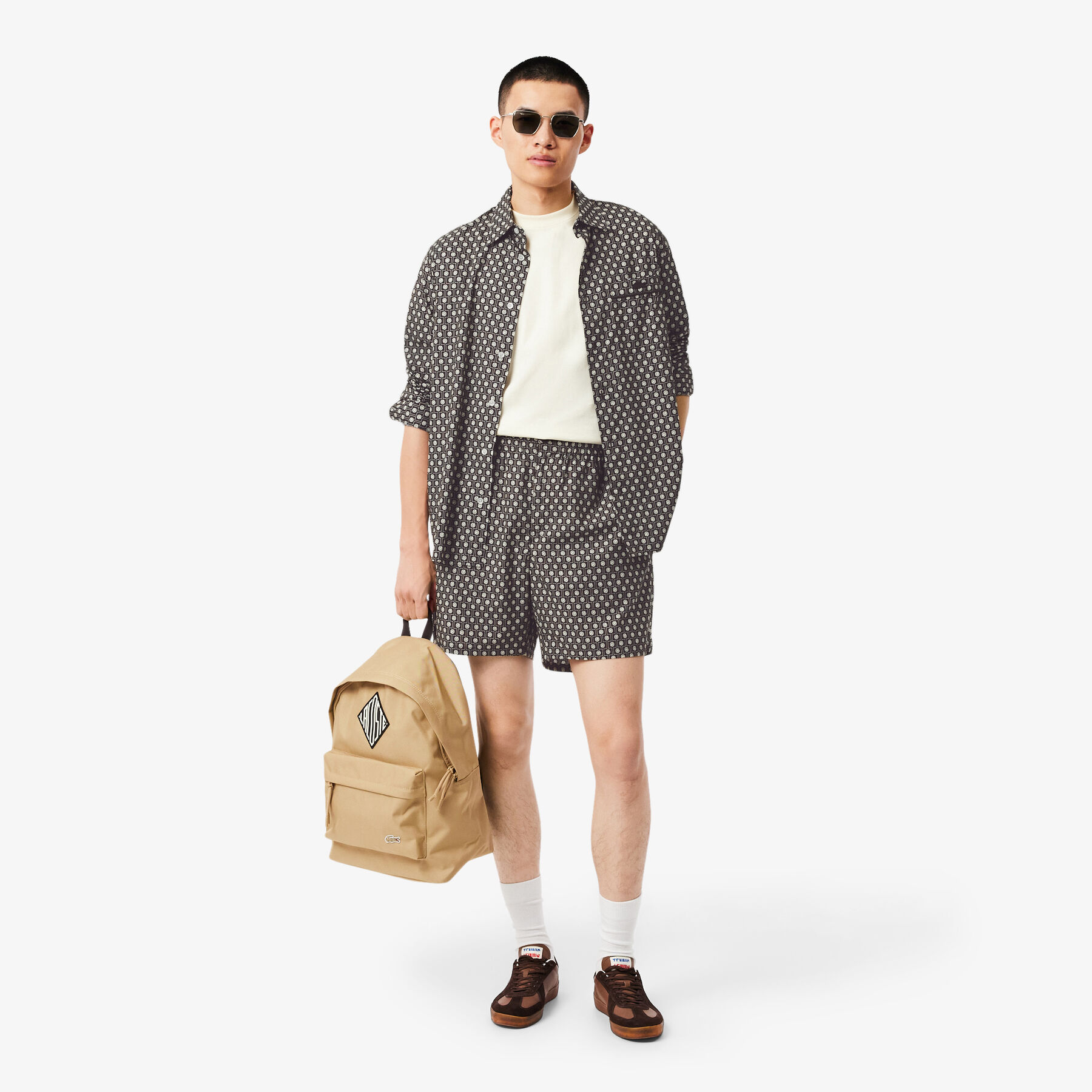 lacoste relaxed fit printed cotton blend shorts