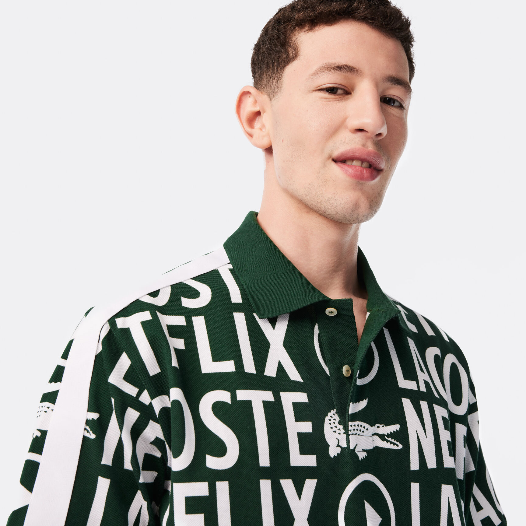 Men's Lacoste x Netflix Loose Fit Organic Cotton Print Polo Shirt Men's Lacoste x Netflix Loose Fit Organic Cotton Print Polo Shirt