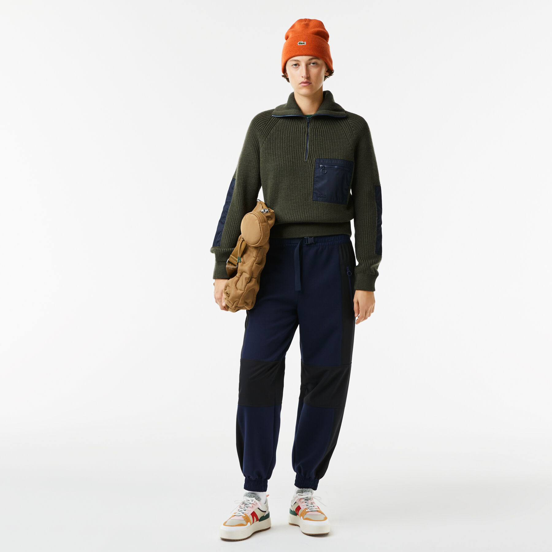 women s lacoste zip trucker neck color block sweater