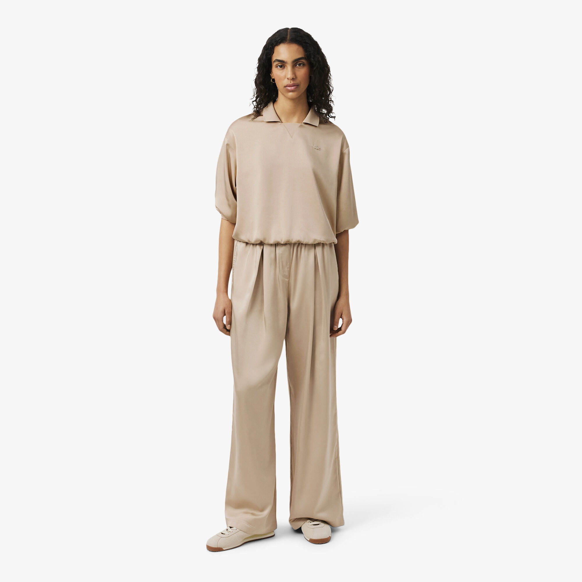 ETHOS エトス ROUGH 'N TROUSERS(SAND) Oversized Elasticated Satin Pants, Beige | LACOSTE EG