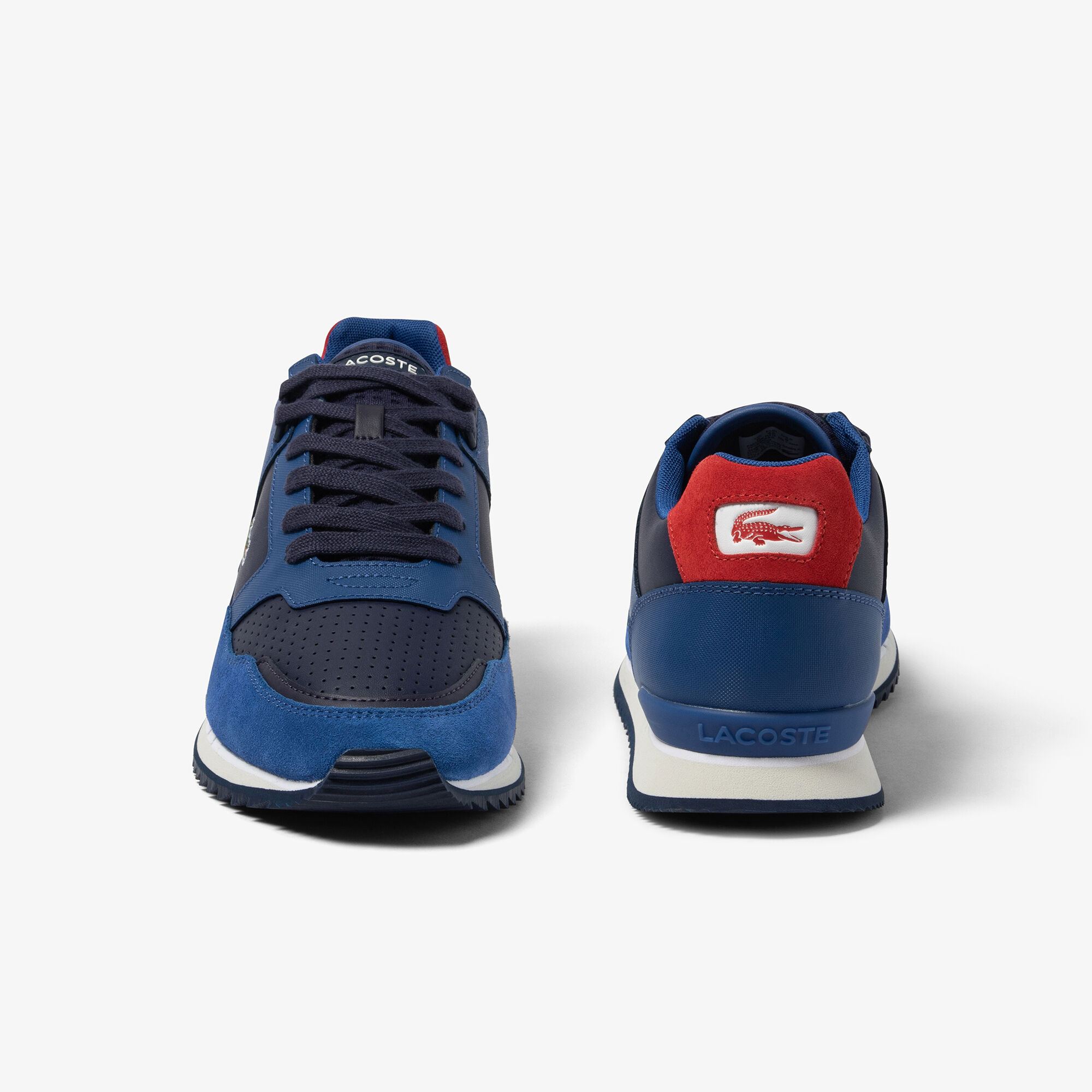 Lacoste blue leather trainers on sale